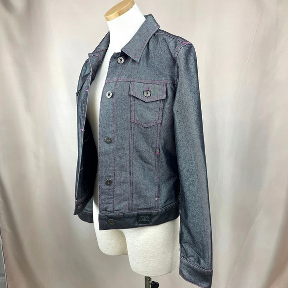 Vintage GUESS Womens (L) Metallic Denim Jean Jacket Pink Stitching Y2K Indie - Picture 7 of 10